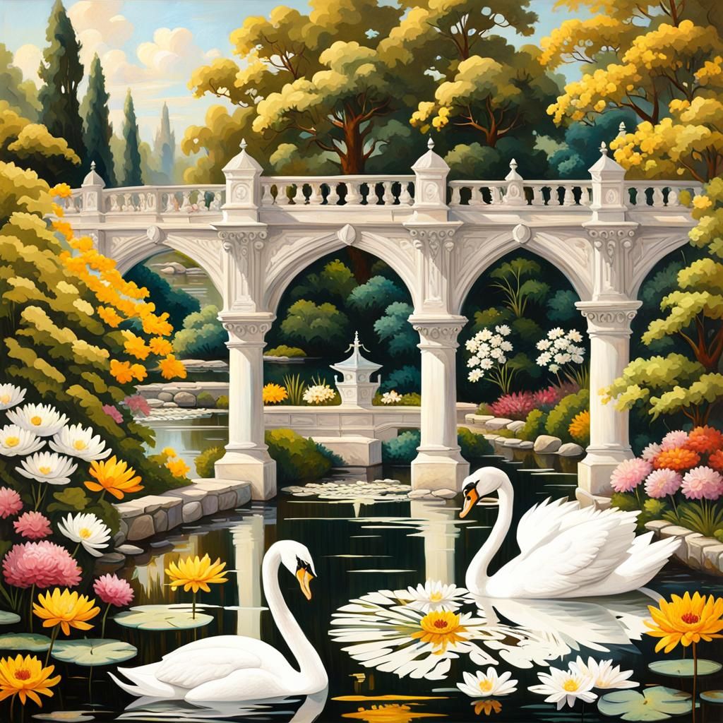 Victorian Garden with Swans: Impressionist Oil Painting