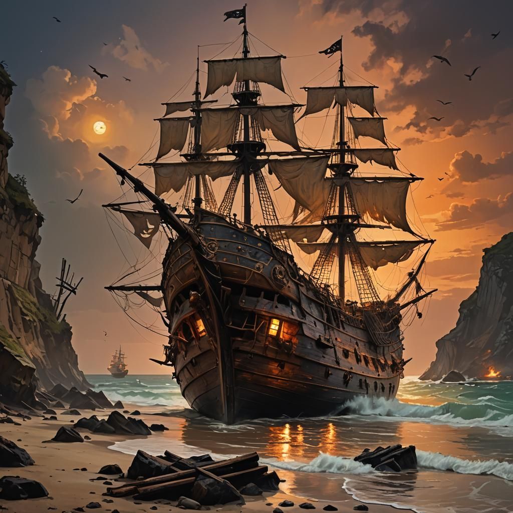 Pirate Hideout: Beached Galleon at Night in Oil Paint