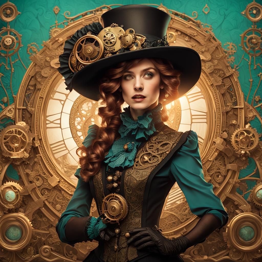 Steampunk Woman with Device in Art Nouveau Style