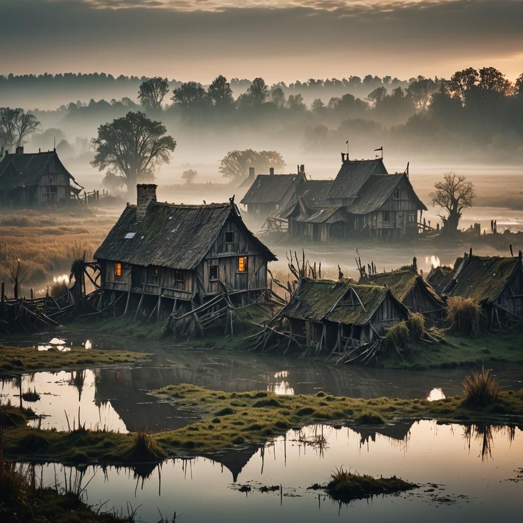 Misty Medieval Village at Dusk: Atmospheric Landscape