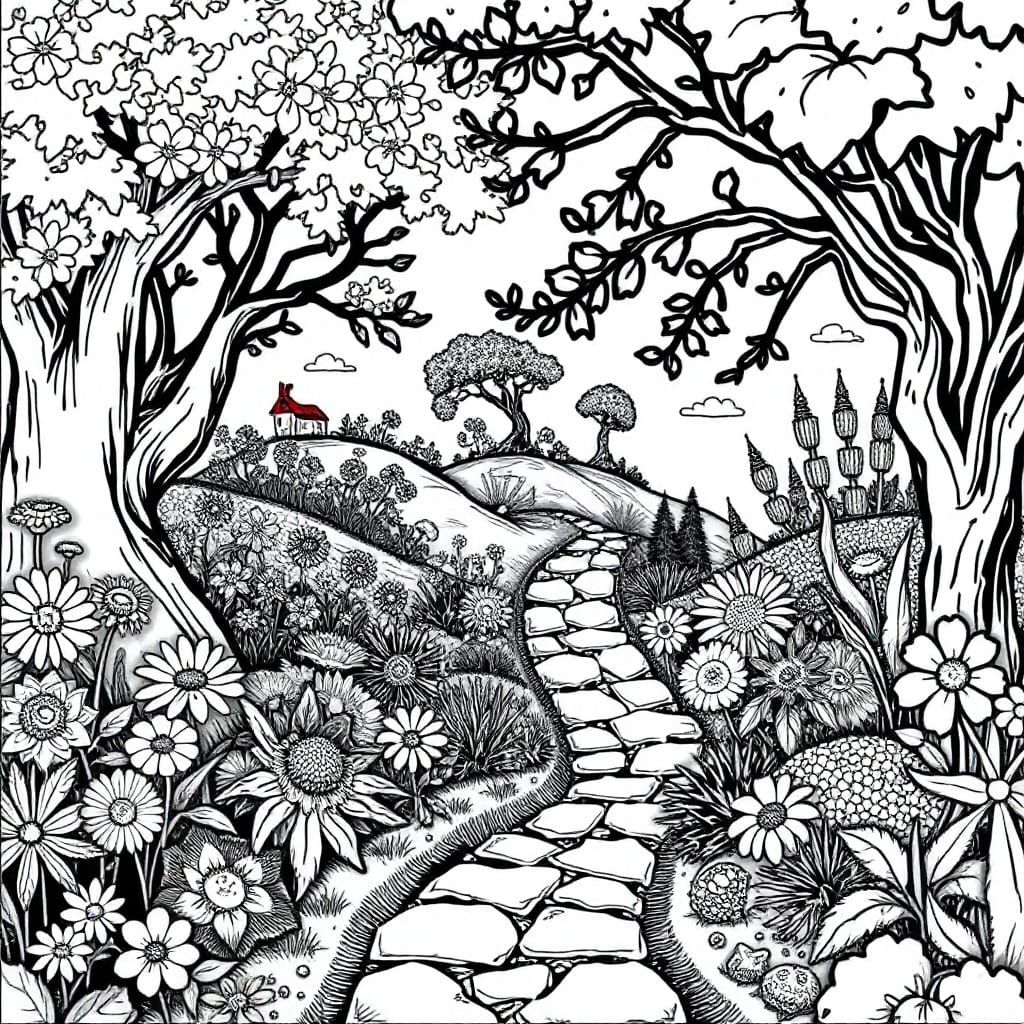 Garden Coloring Page in Beatrix Potter Style