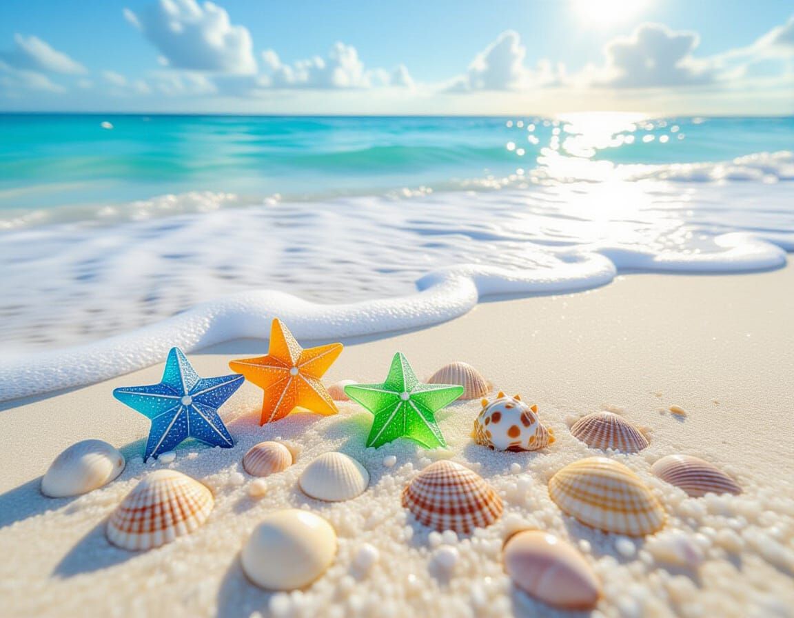Colorful Sea Glass Stars and Shells on Pristine Sand
