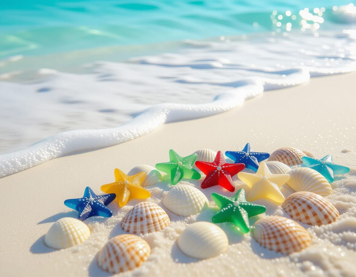 Colorful Sea Glass Stars and Shells on Pristine Sand