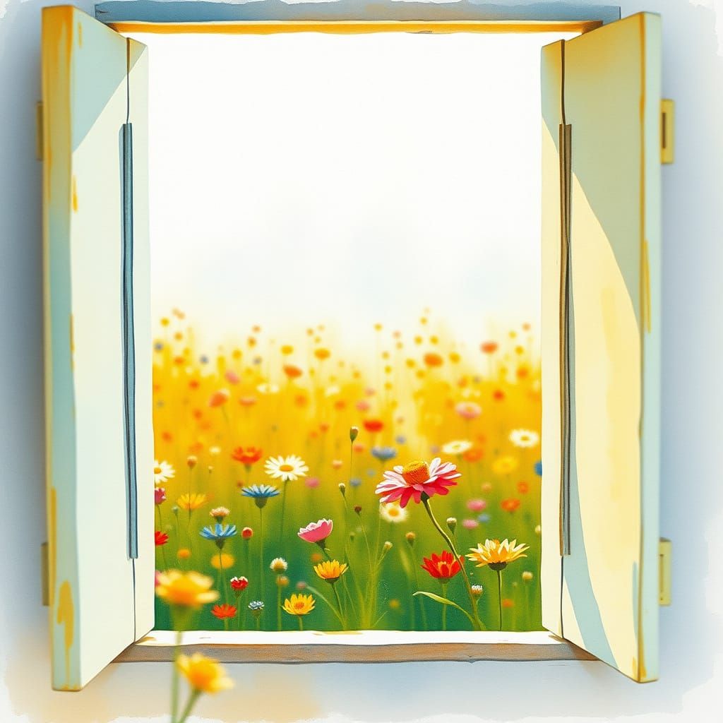 Vibrant Flowers through a Delicate Window in Watercolor Styl...