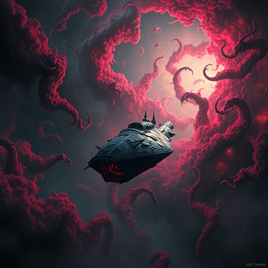 Twisted Spaceship Drifts through Crimson Warp in Dark, Psych...