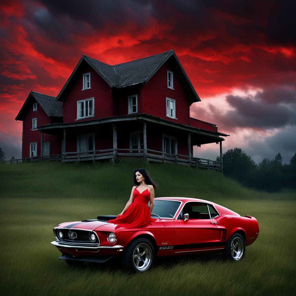 Mystical Temptress in Red Dress at Night