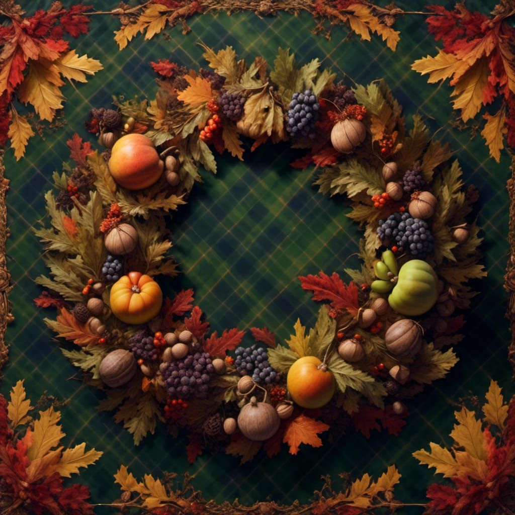 Autumn Wreath on Tartan Tablecloth: Digital Painting