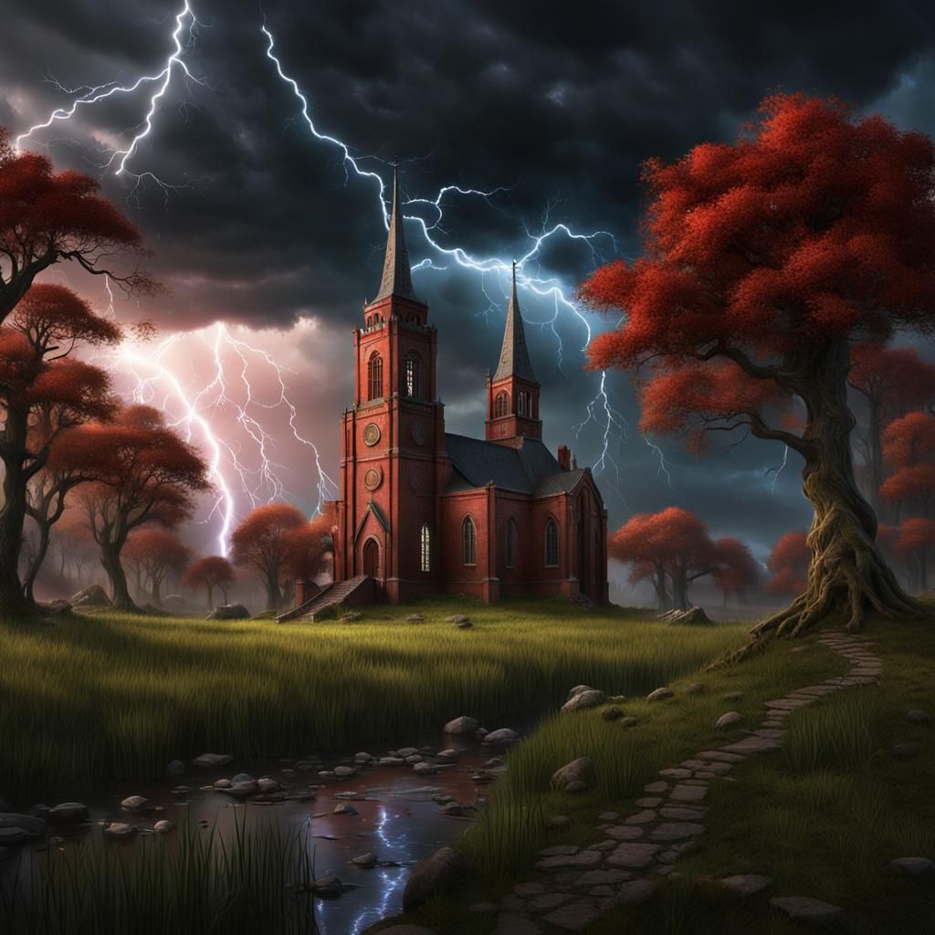 Red Brick Castle During Storm, Matte Painting