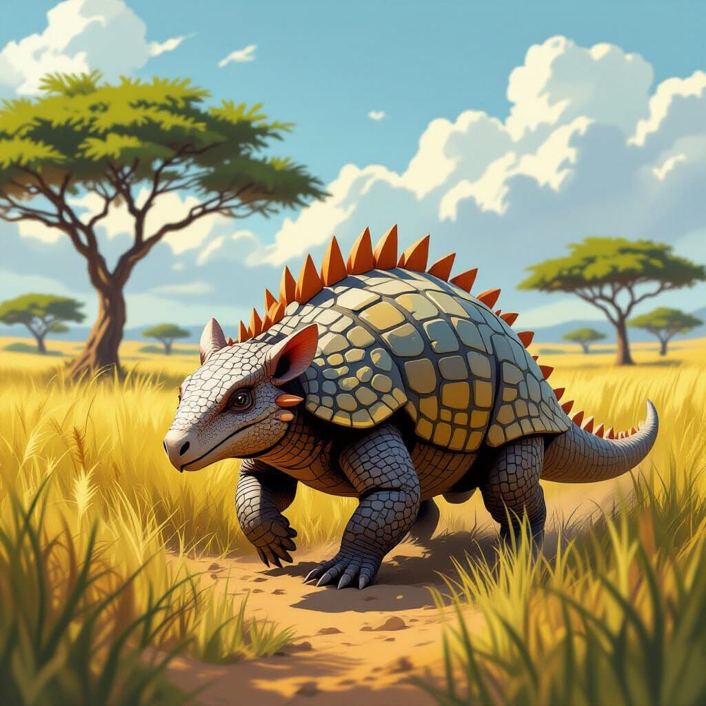 Armored Dinosaur Roaming Savannah Lands in Vibrant Colors