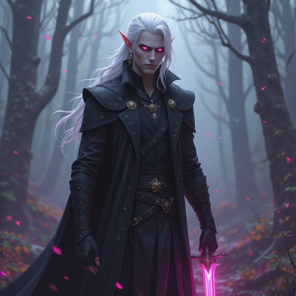 Ethereal Drow Elf with Pink Eyes in Dark Fantasy Style