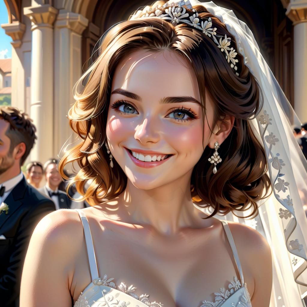 Anime Portrait of a Smiling Bride in Sunlight