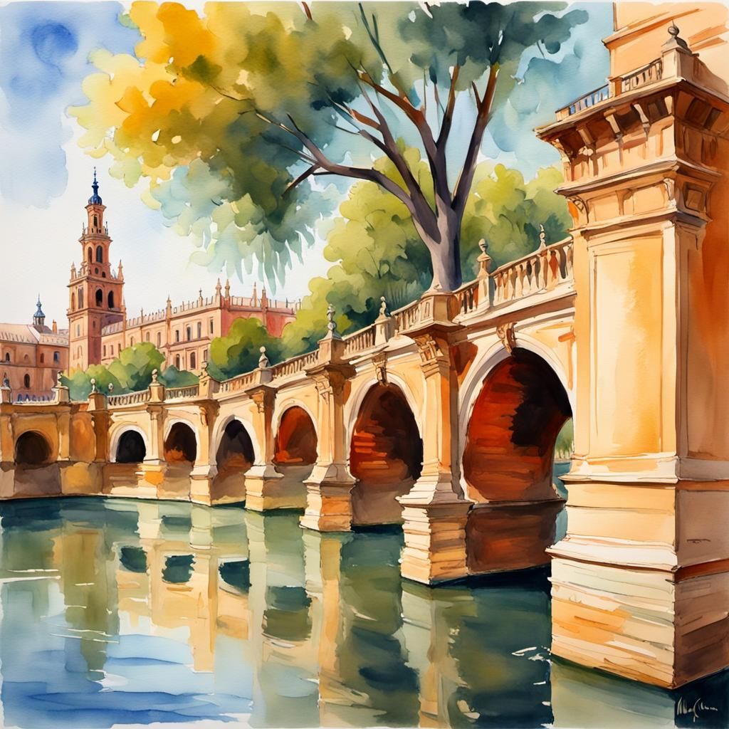 Seville Plaza de España in Watercolor Style