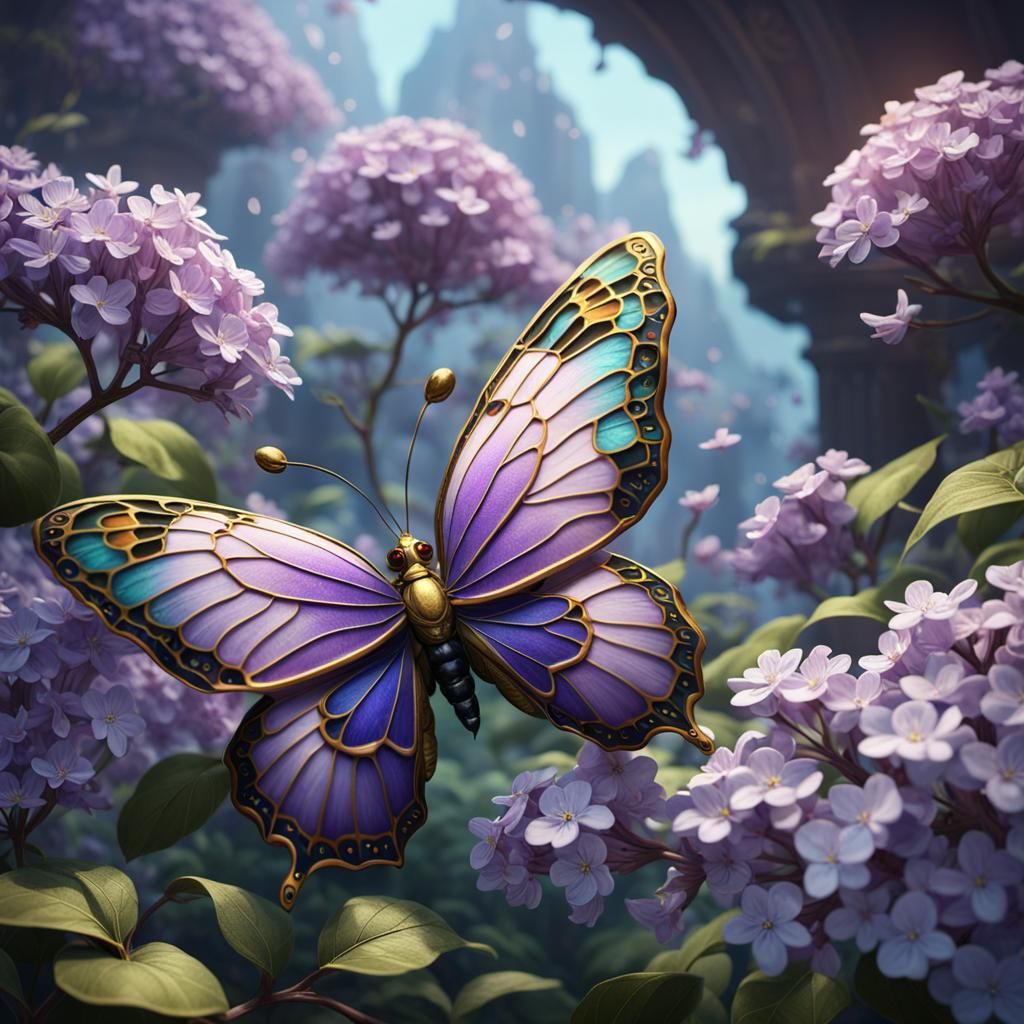Cloisonne Butterfly and Lilac Fantasy Art