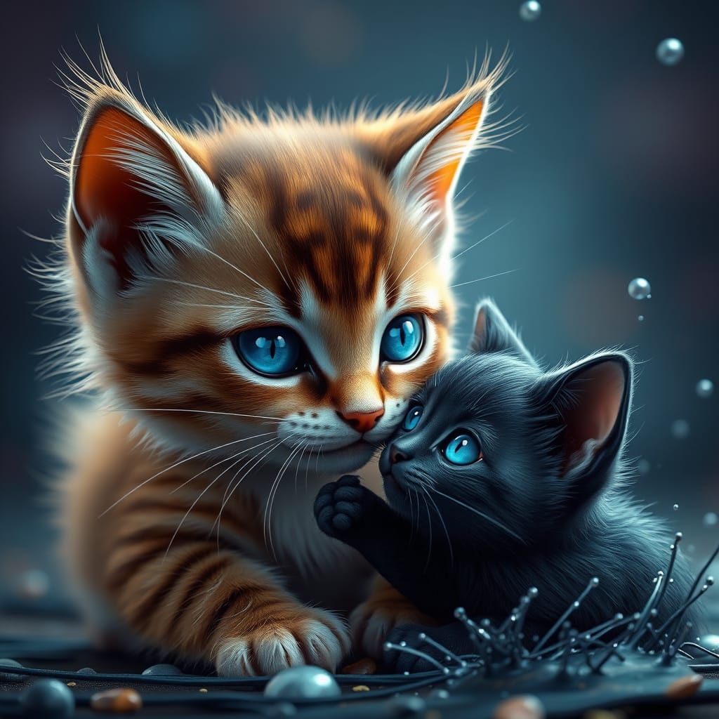 Cute Feline Friends Play in Vibrant Fantasy Landscape