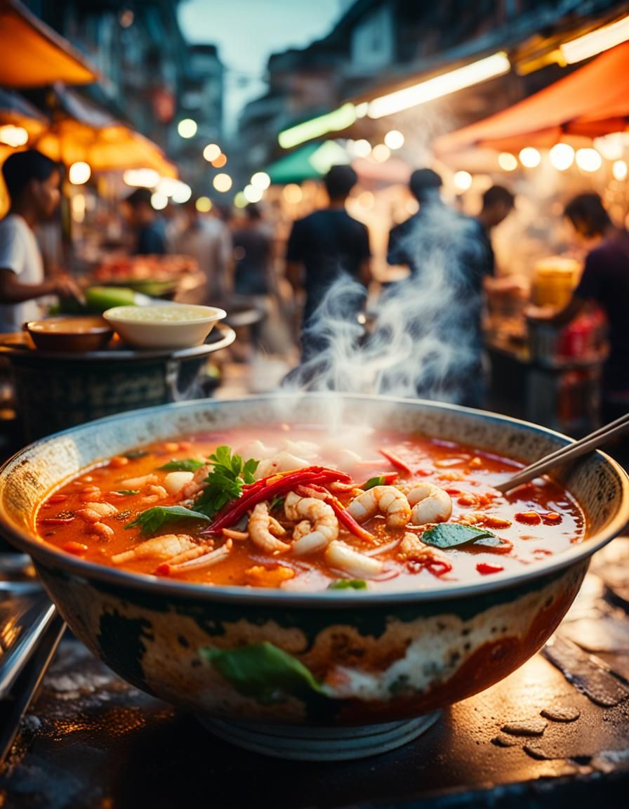 Cinematic Tom Yum Still Life in Street Market