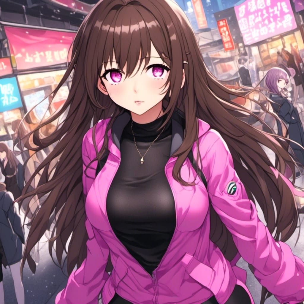 Cyberpunk Woman in Pink Bodysuit at Night