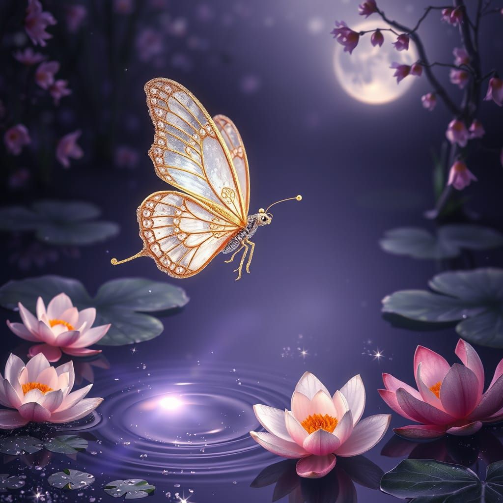 Silk Butterfly Over Lily Pond: Mucha-Redon-Ensor Style