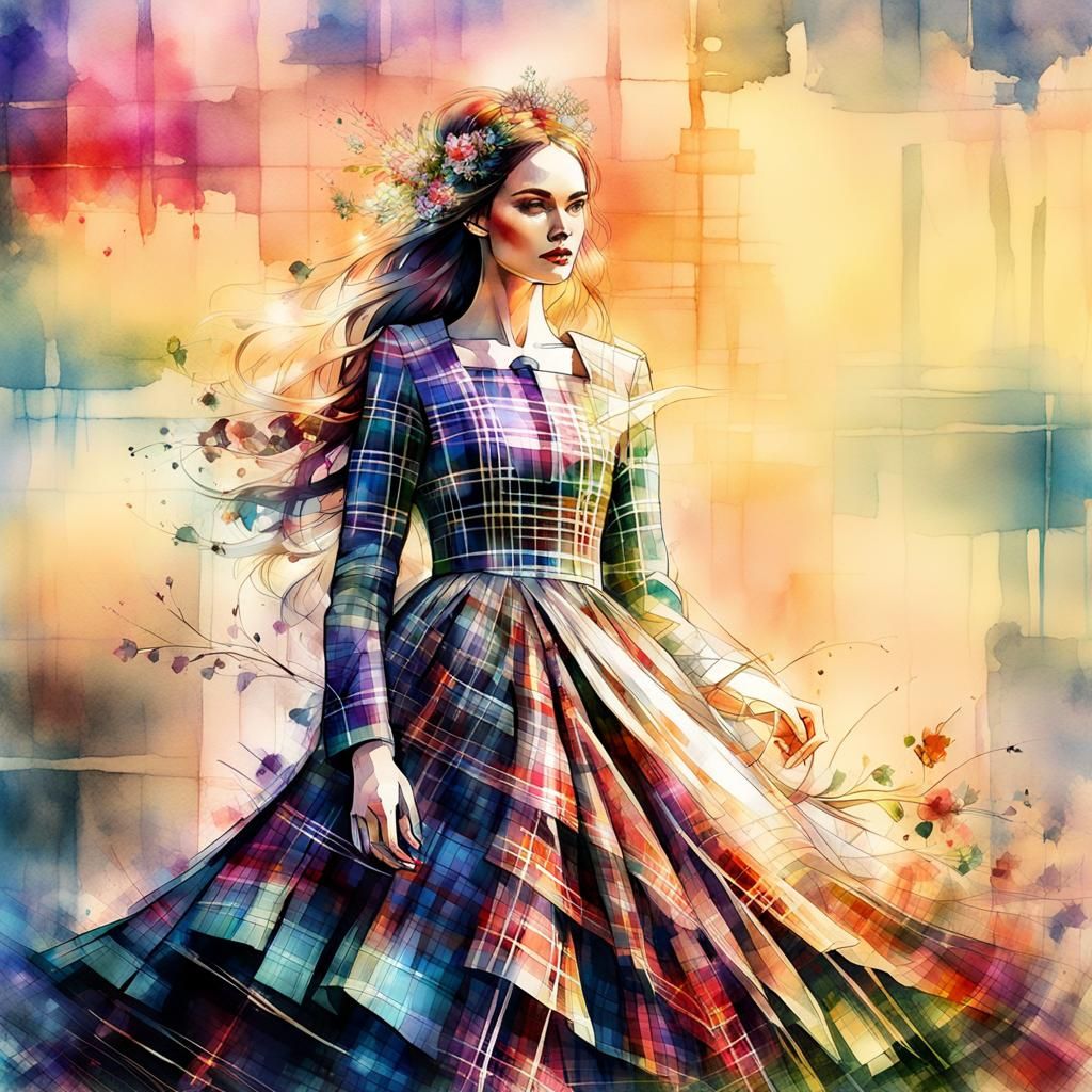 Plaid Wedding Dress in Digital Watercolour Style
