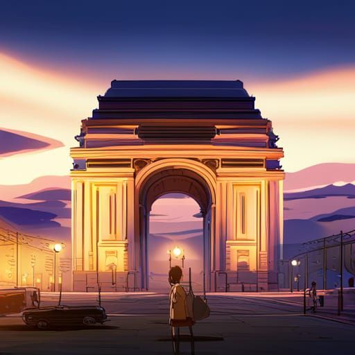 Arc de Triomphe at Night in Anime Style