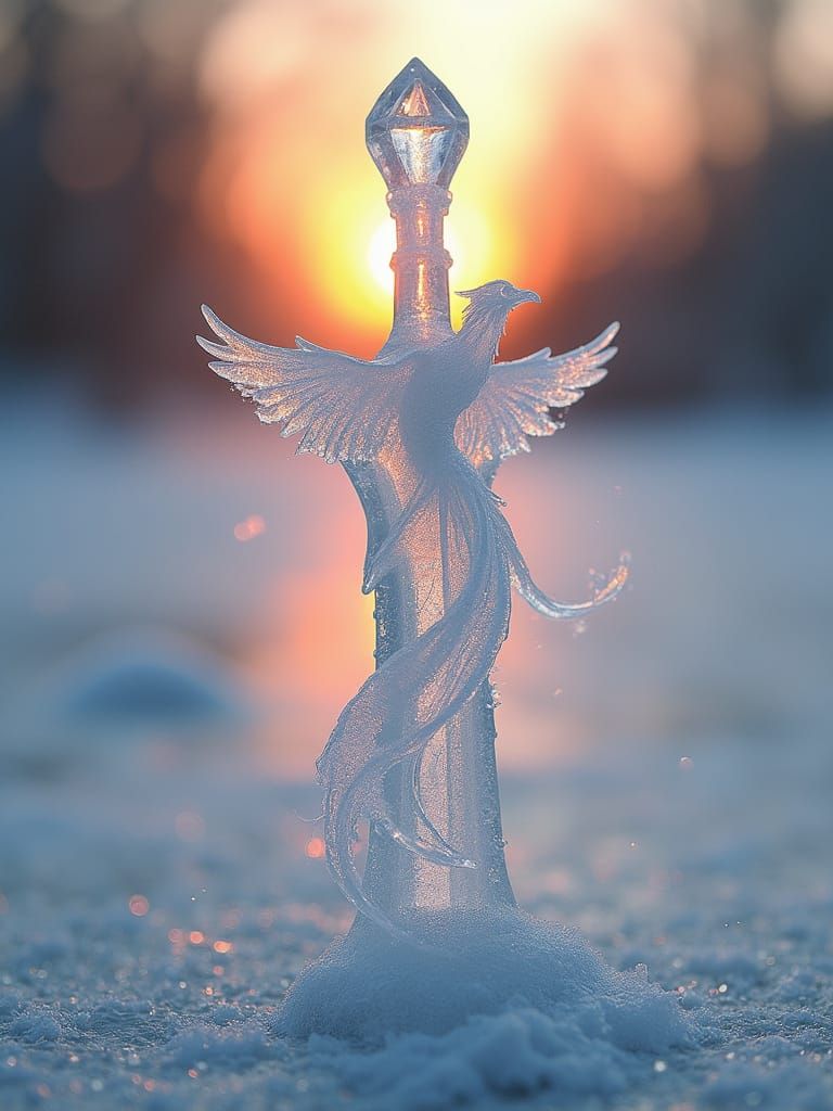 Ethereal Ice Sword Transcends Winter Sunset