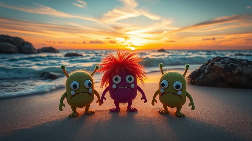 Whimsical Beach Monsters with a Touch of Melancholy in a Bre...