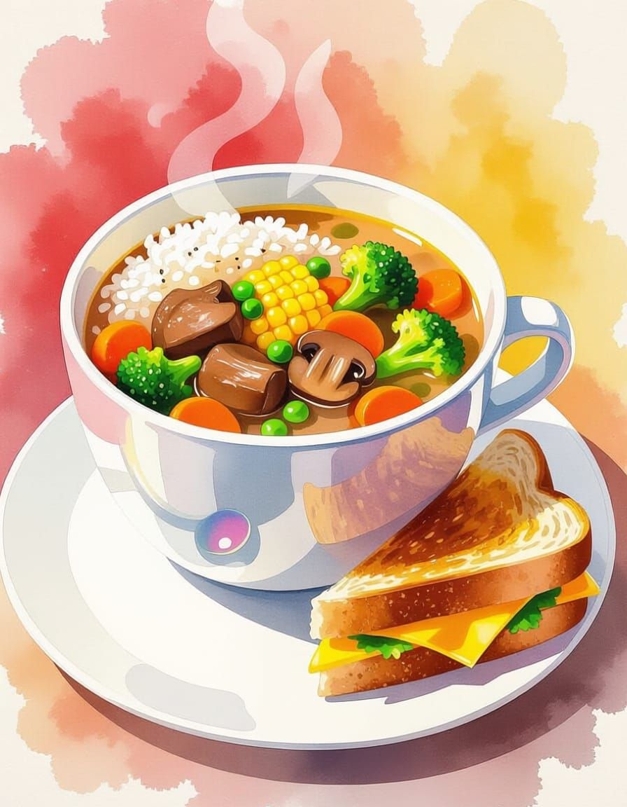 Steaming Beef Stew and Grilled Cheese