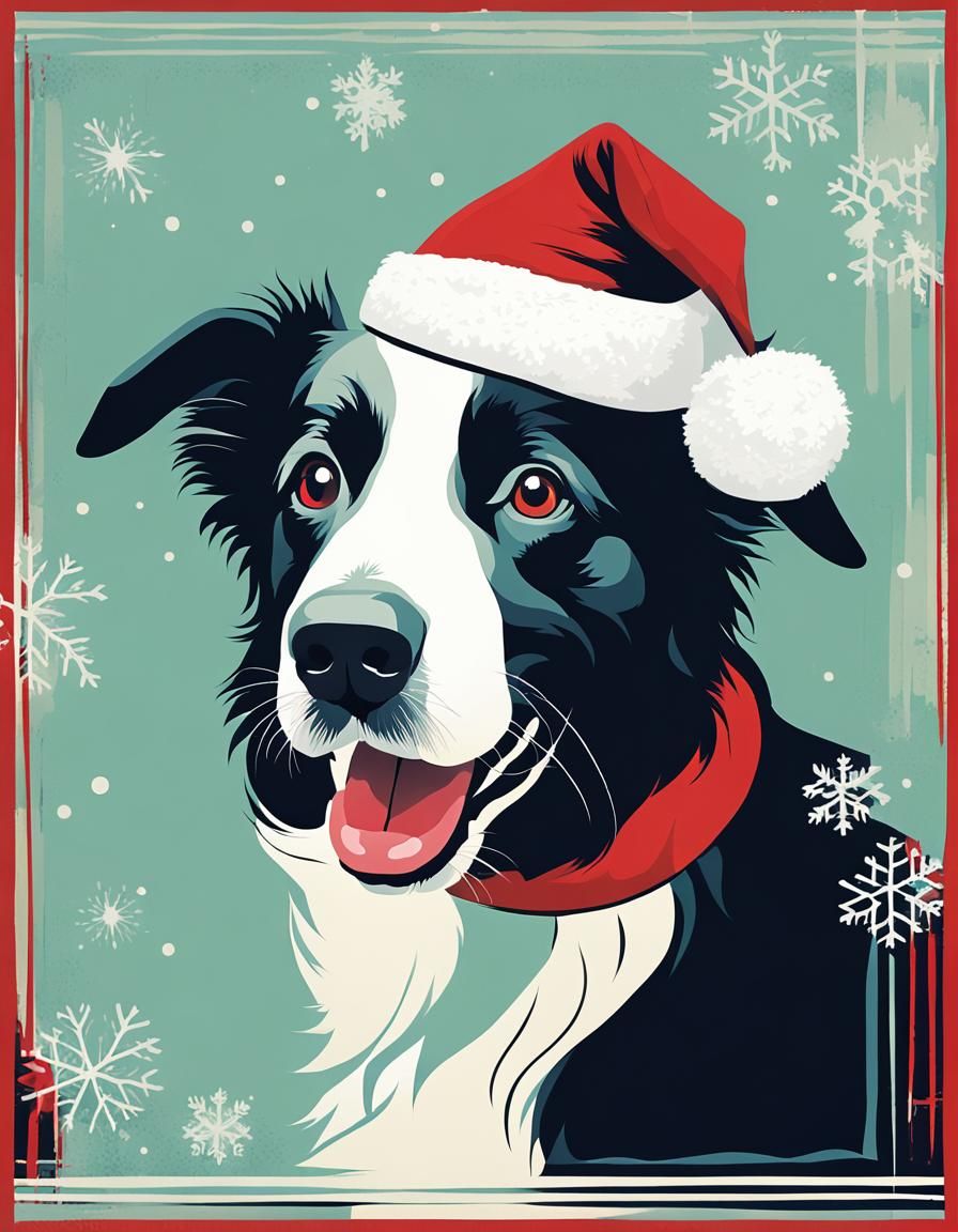 Border Collie in Santa Hat: 1950s Abstract Art