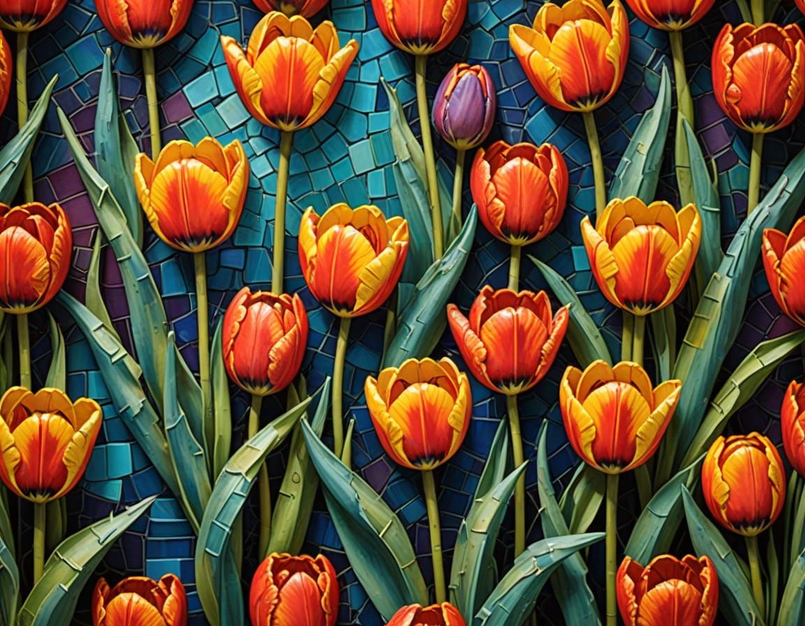 Vivid Cubist Fringed Tulips in Weathered Resplendent Texture