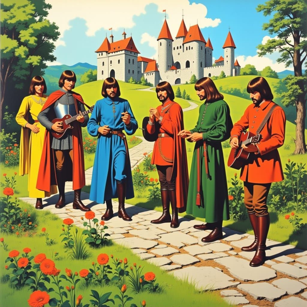 Medieval Beatles Garden Scene in Vintage 1960s Style