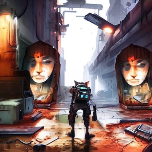 Cyberpunk Cat Explores Abandoned Sewer Tunnel