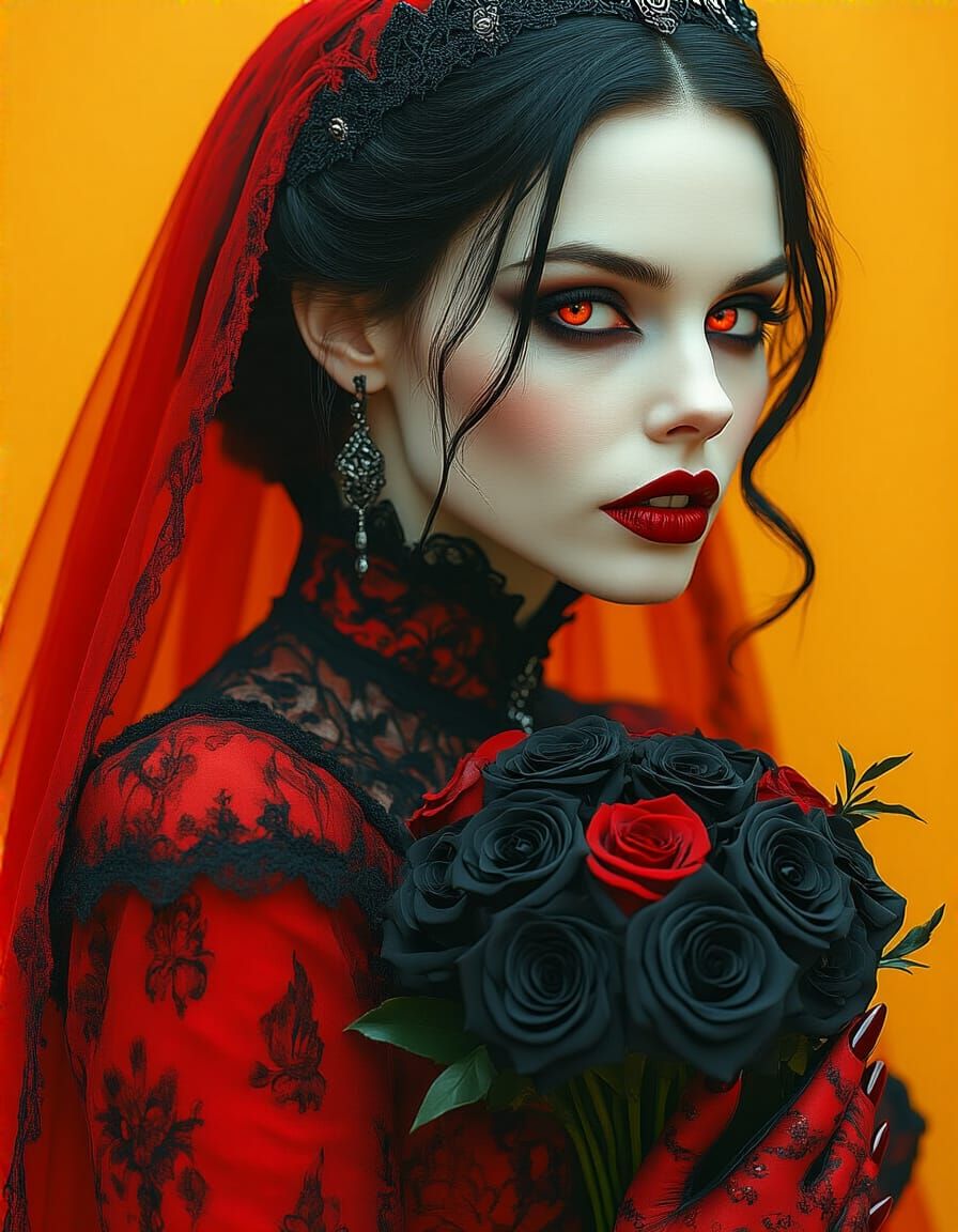 Gothic Vampire Bride in Red Gown, Hyperrealistic Detail