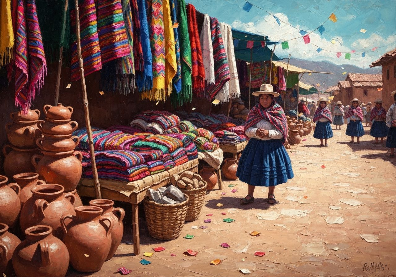 Colorful Andean Market in Cusco, Expressionist Impasto Paint...