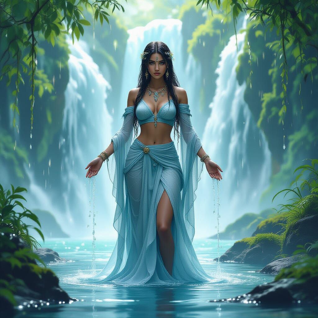 Goddess of Waterfalls in Ethereal Digital Art Style