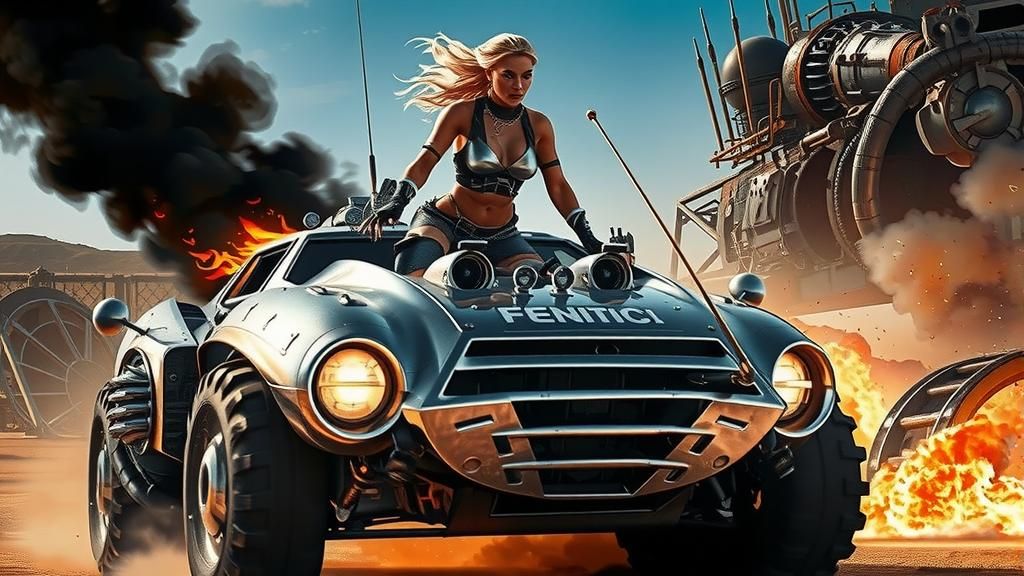 Futuristic Barbarian Races Steampunk Tank in Wasteland