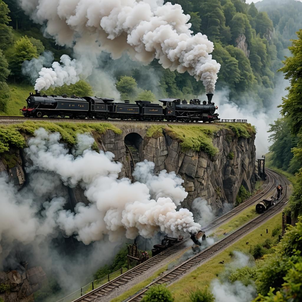 Miniature Steam Train in Smoky Mixed Media Style