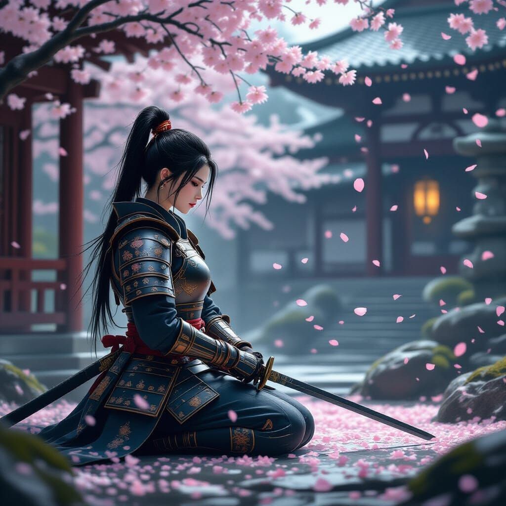 Samurai Warrior Contemplates Blade in Cherry Blossom Garden