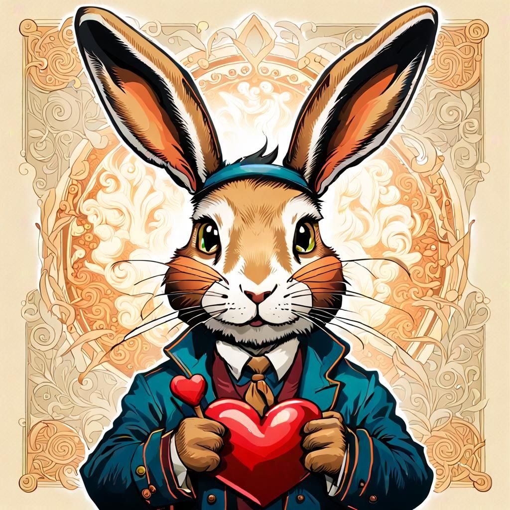 Smiling Rabbit Hugs Heart in Detailed Digital Art