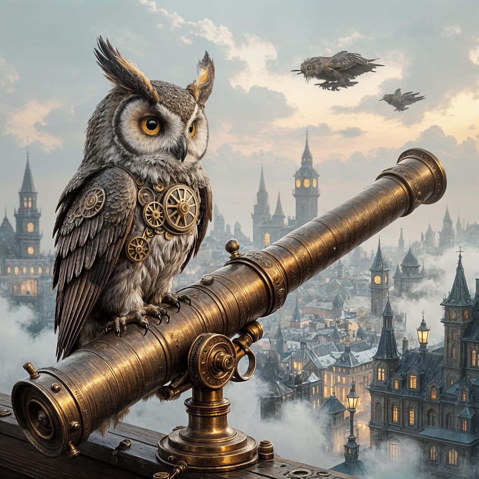Clockwork Owl on Telescope Over Foggy Victorian City