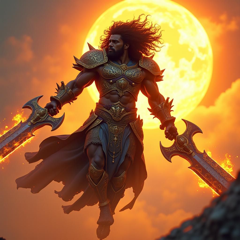 Majestic Deity Soaring Before Blazing Sun in Armor