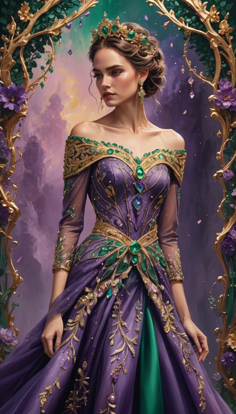 Amethyst Dress with Emeralds, Hyperrealistic Splash Art