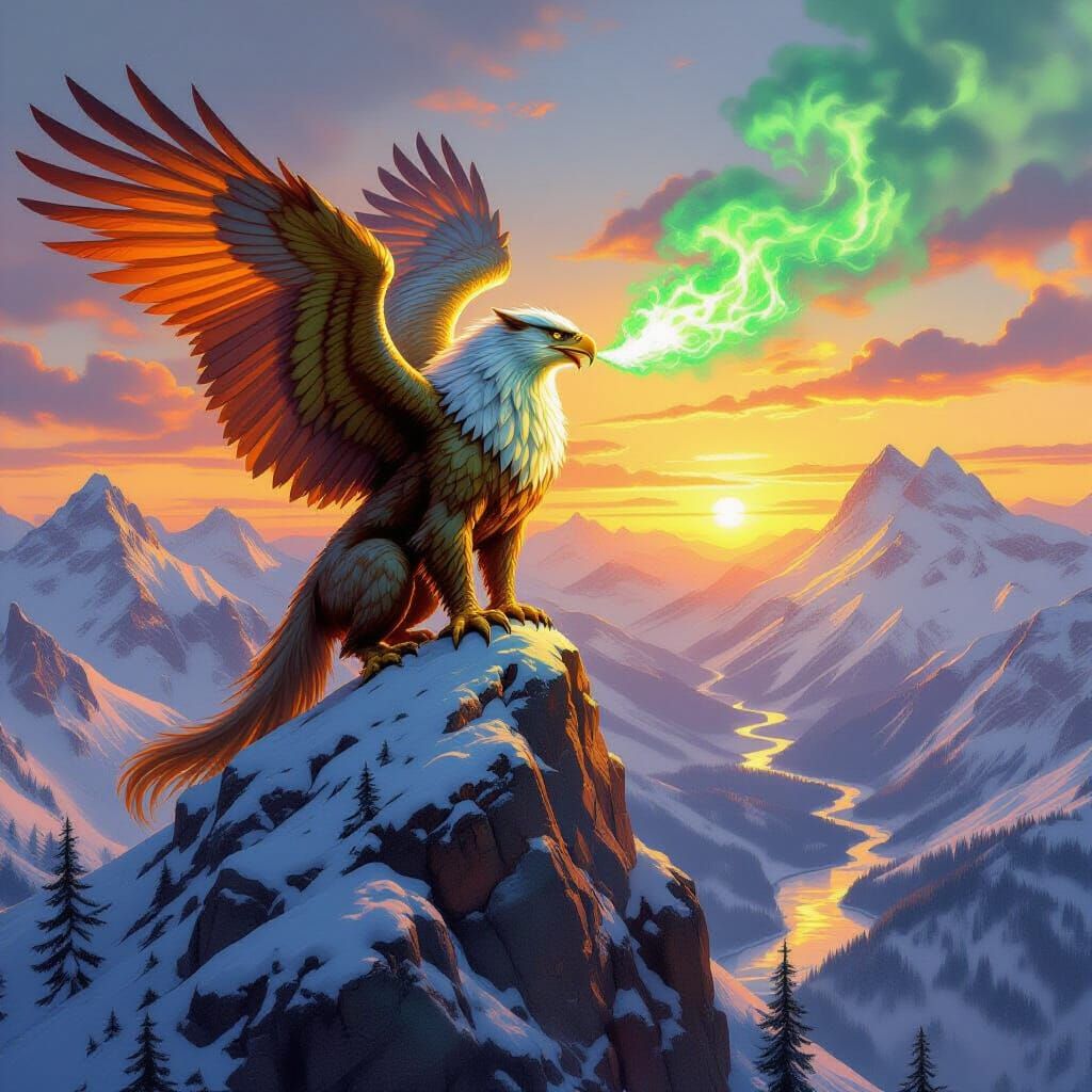 Scarred Griffin on Mountain Peak at Sunset