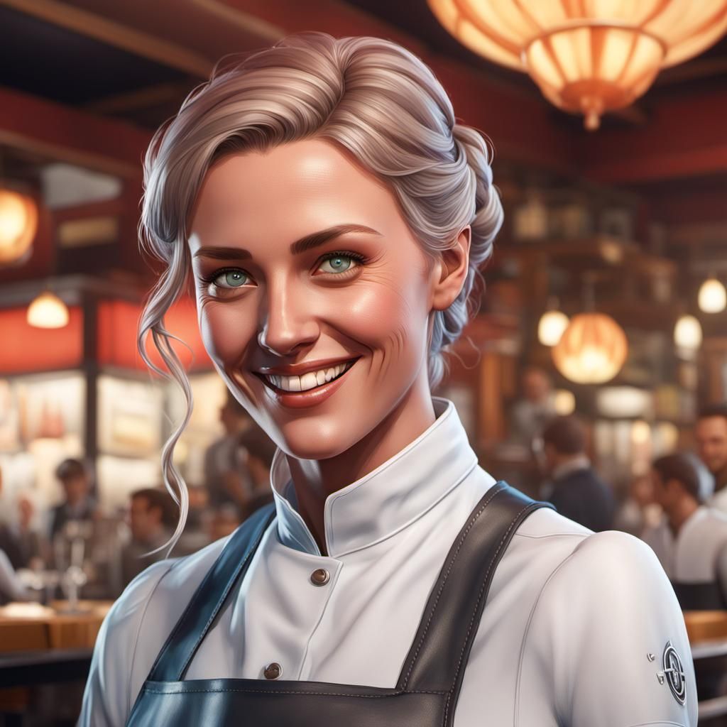 Smiling German Waitress Portrait in Hyperdetailed Style