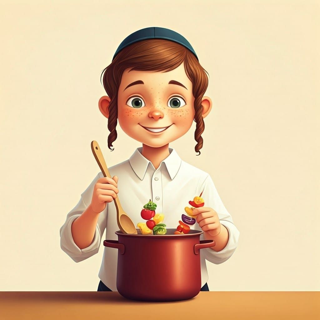 Whimsical Hasidic Boy Cooks with Joy in a Watercolor-Inspire...