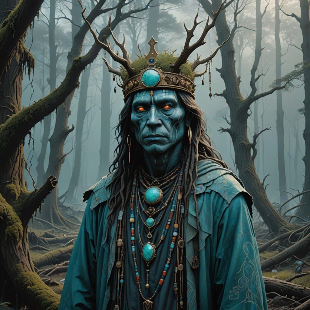 Mysterious Skin Walker with Glowing Turquoise Crown