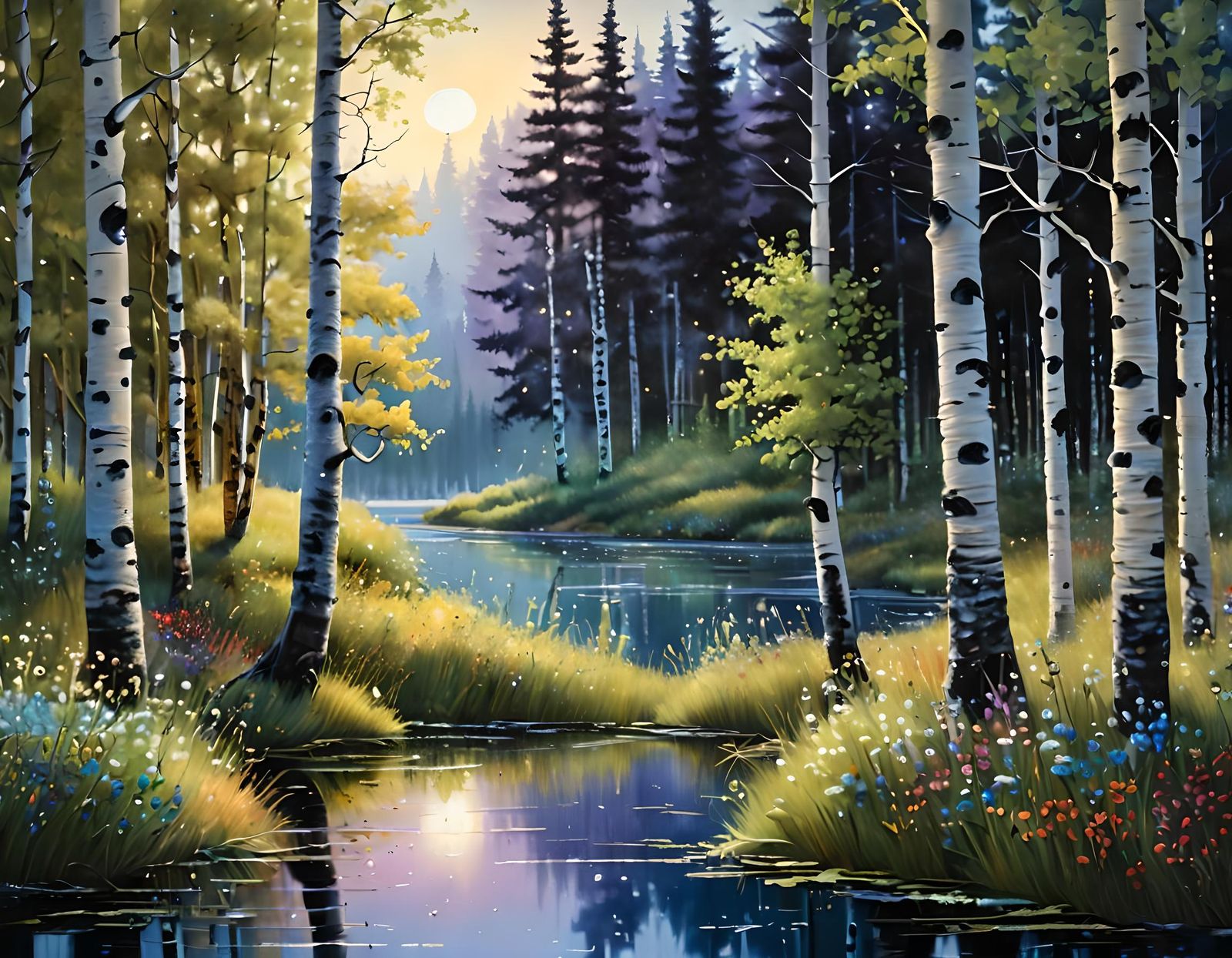 Aspen Grove at Lake with Iridescent Dew: Oil Painting