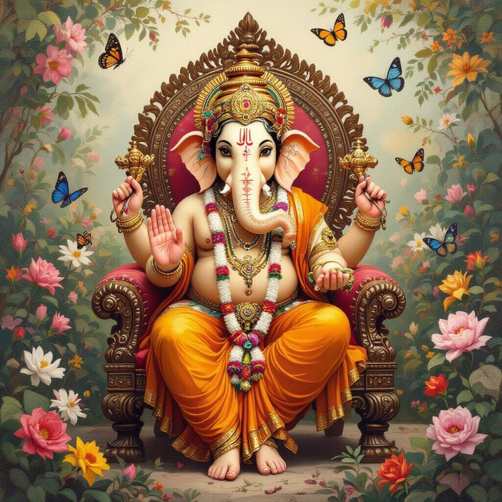 Lord Ganesha in Lush Garden, Raja Ravi Varma Style