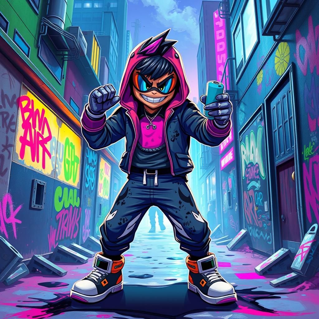 Dynamike in Graffiti Cityscape, Urban Digital Art