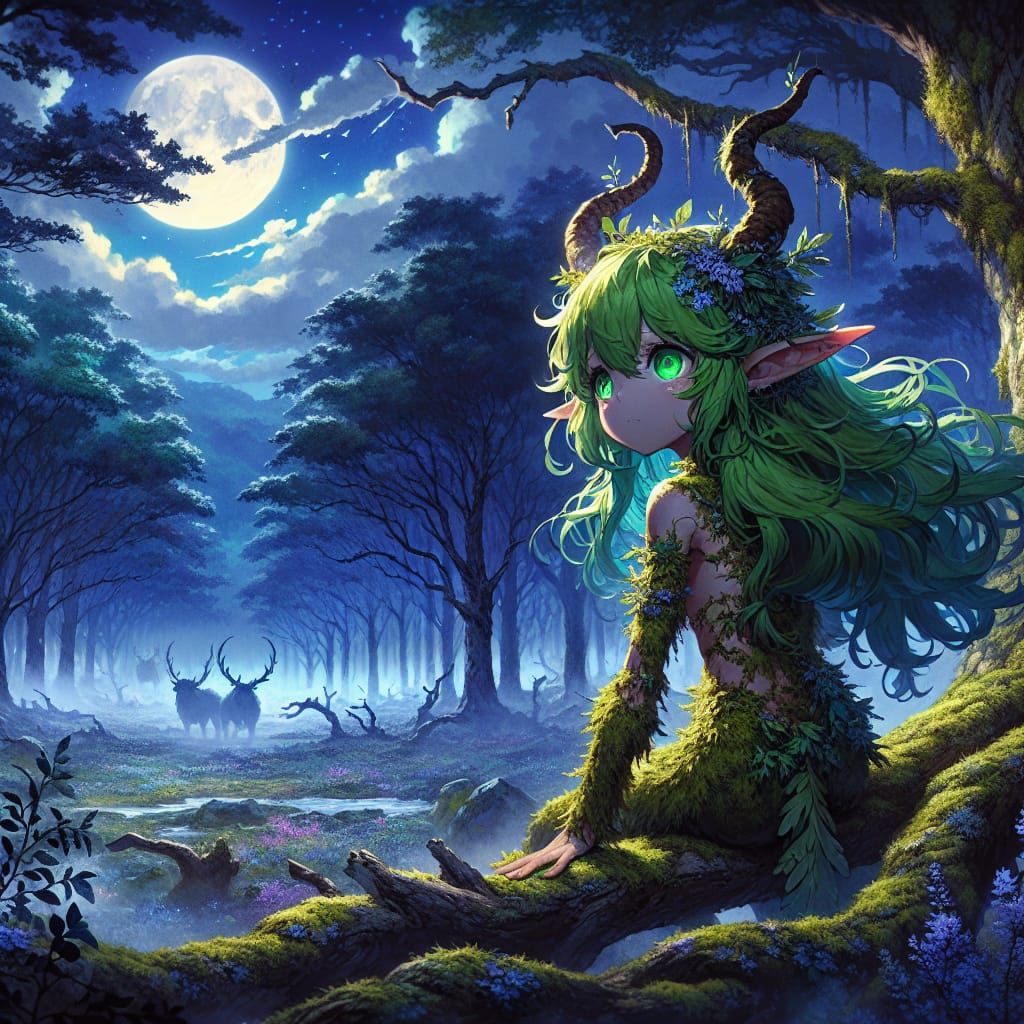Anime Satyr Girl in Foggy Oak Woodland