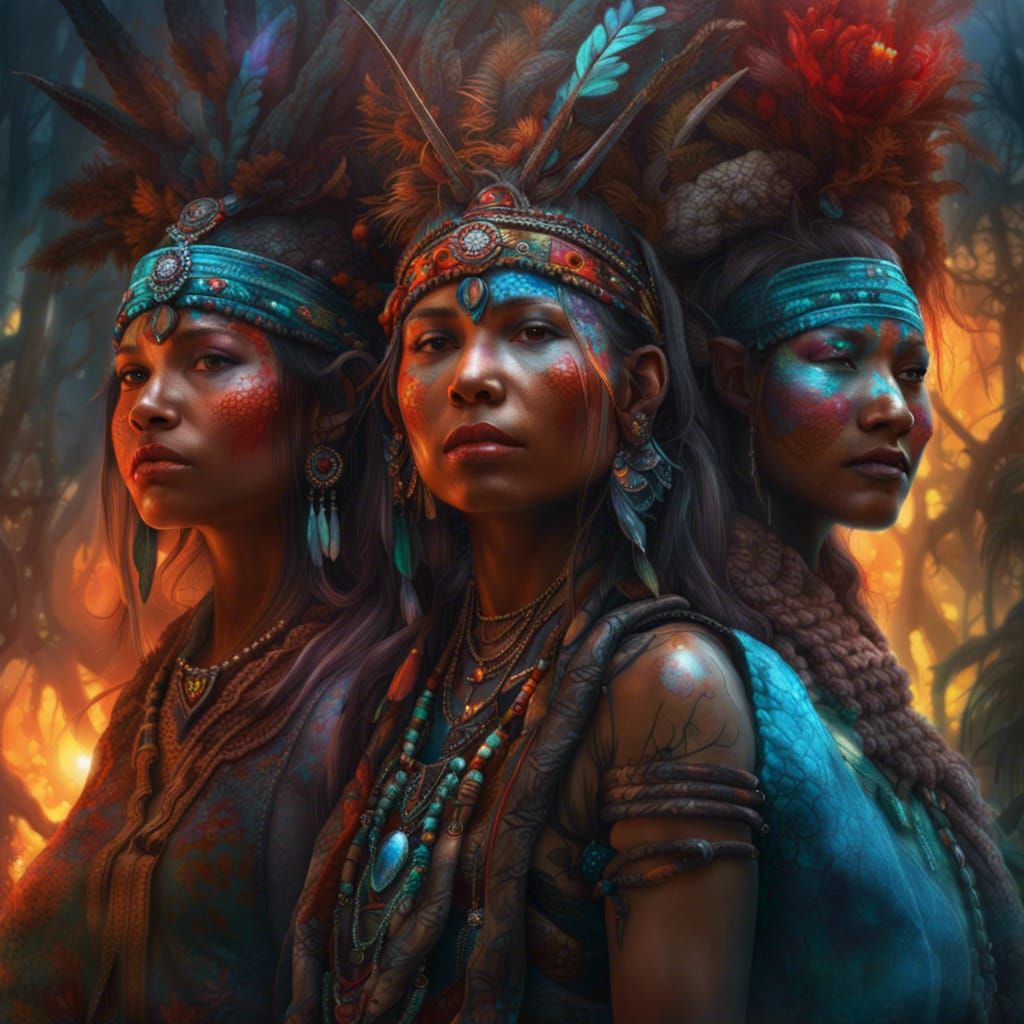 Shawnee Women in Ethereal Forest, Hyperdetailed Fantasy Art