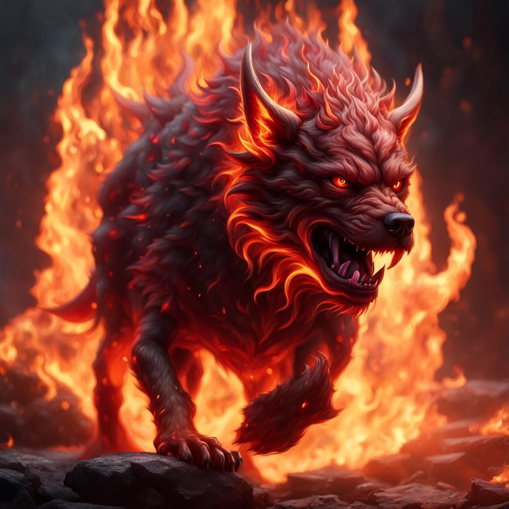 Hyperrealistic Red Cerberus with Flames